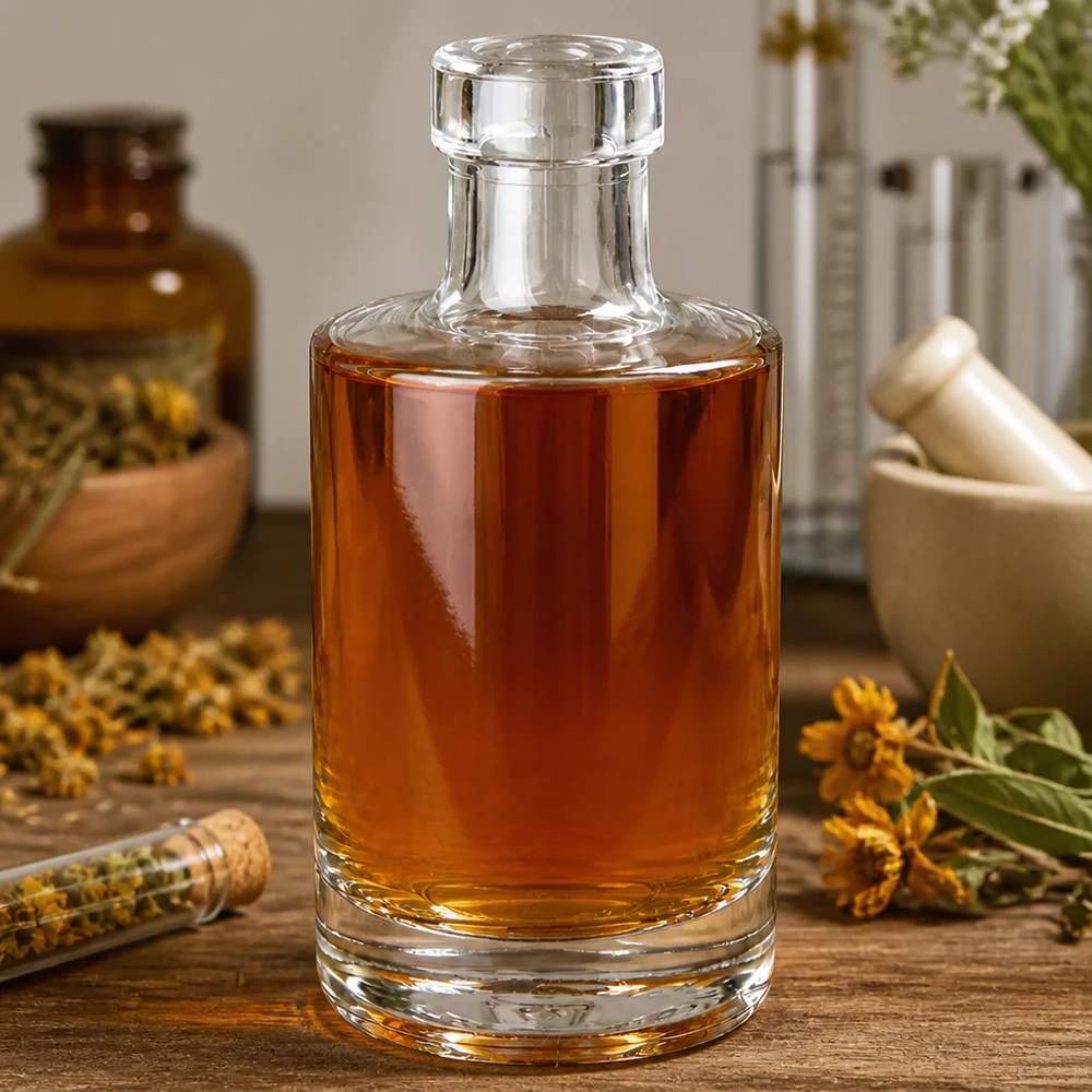 200 ml glasflaska Marie utan lock UNiTWIST® 200 ml glasflaska Marie fylld med bärnstensfärgad olja i apotekarstil med torkade medicinalväxter naturliga aromämnen