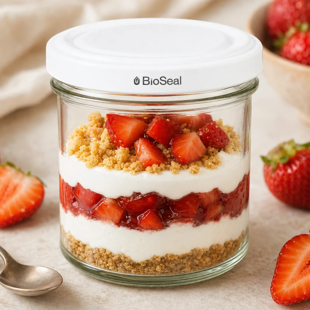 125 ml Krossade glasögon med vitt UNiTWIST BioSeal-lock UNiTWIST 125 ml dessertburk med jordgubbar, yoghurt och kex TO66 BioSeal-lock dessertburk parfait