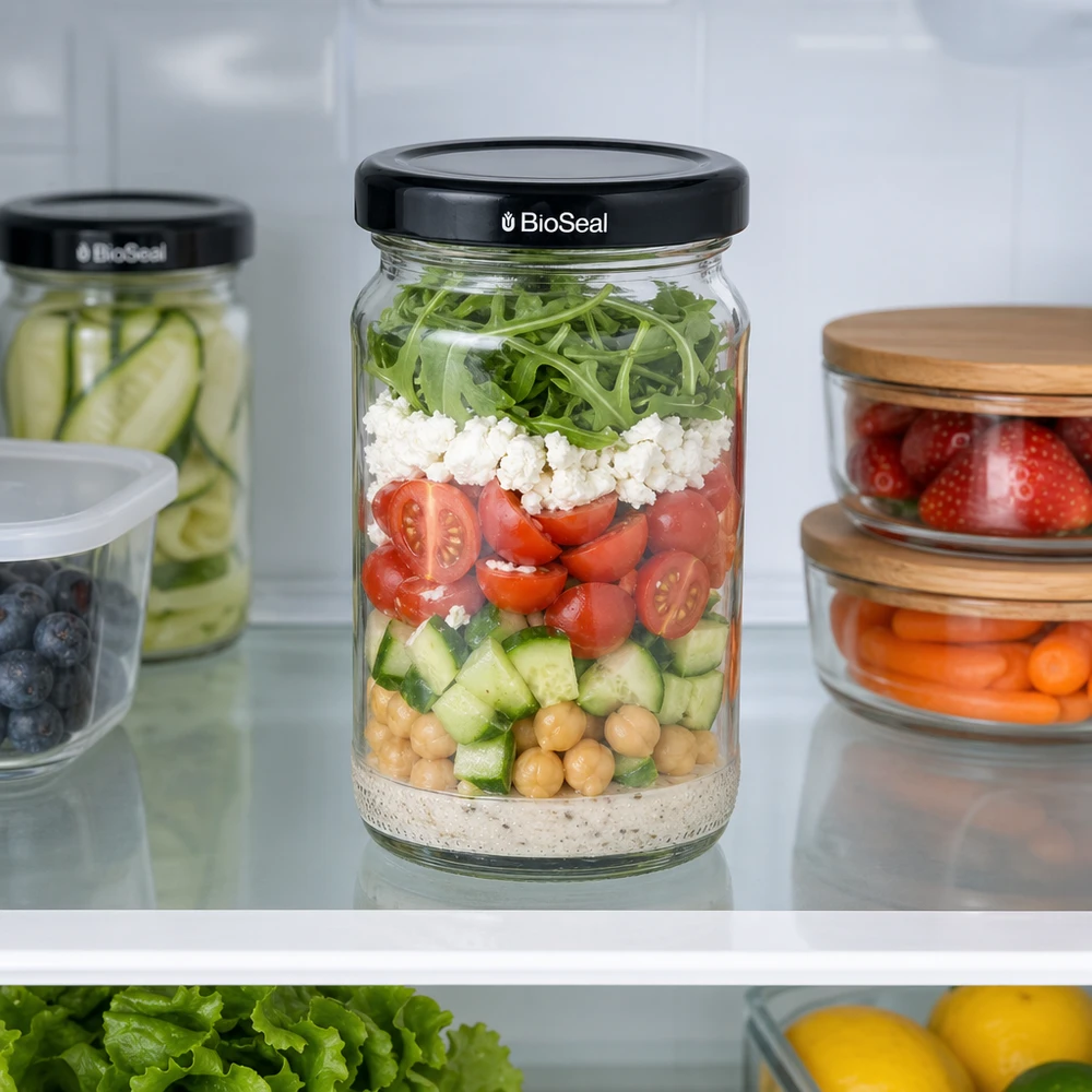 UNiTWIST Runda110 sallad i lager i kylskåpet med svart TO48 BioSeal-lock - Måltidsburk för färska ingredienser