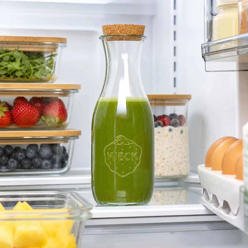 WECK juiceflaska 1062ml med grön smoothie i kylskåpet mellan färskvaror och förvaringsbehållare