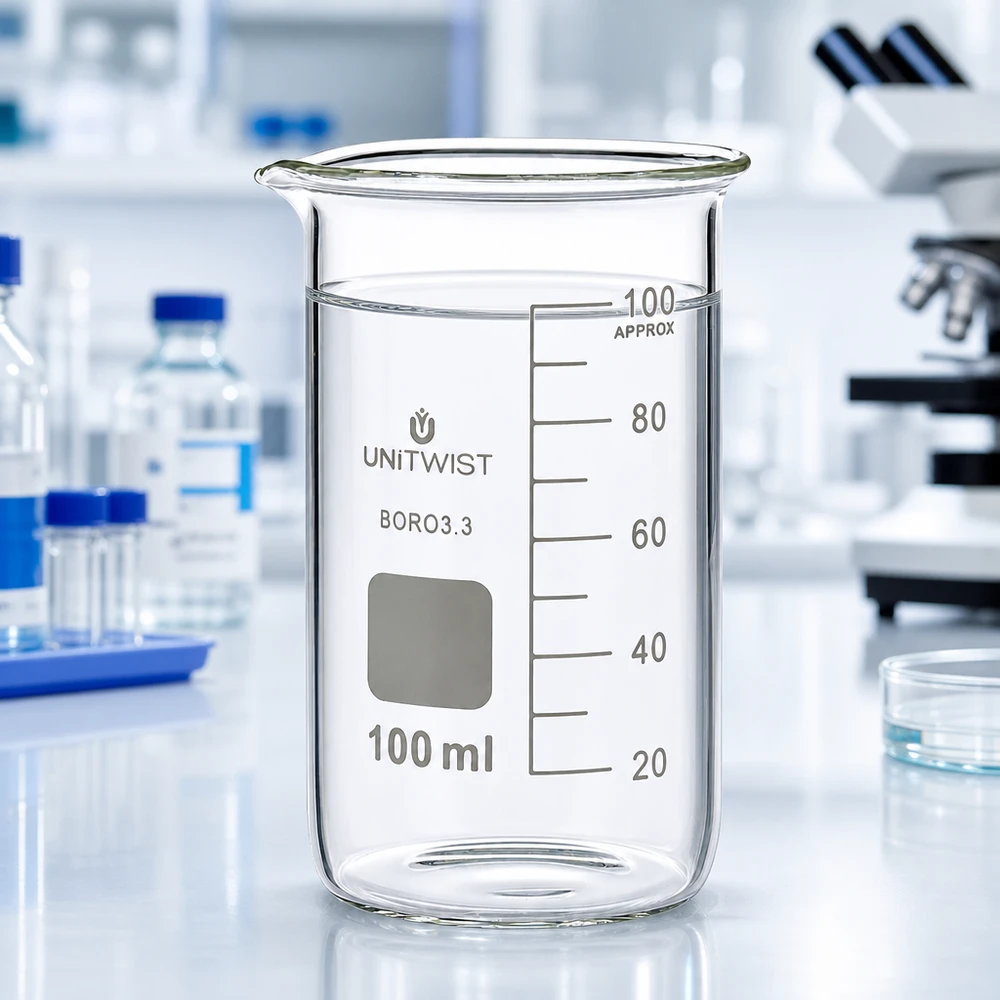 UNITWIST bägare, 100 ml, hög modell, borosilikatglas 3.3, med klart vatten på ett vitt laboratoriebord