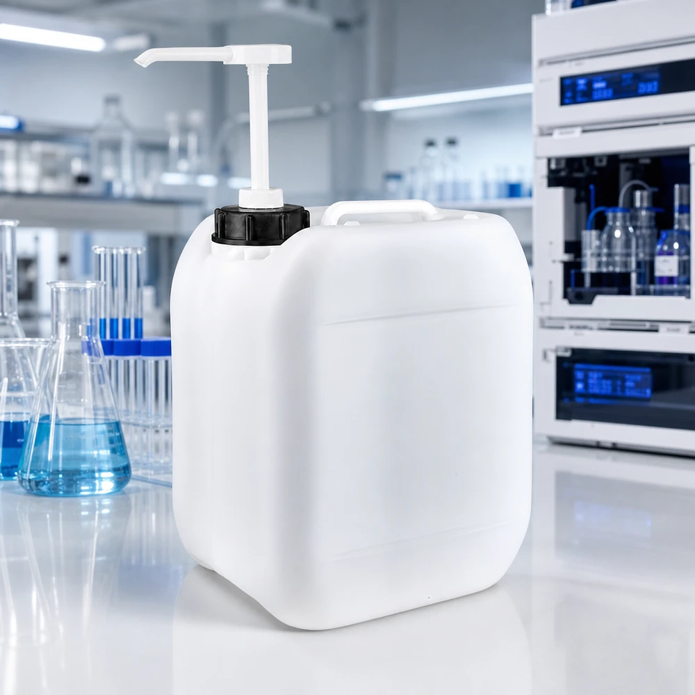 Dunk 5 liter med doseringspump Rektangulär HDPE-dunk på 5 liter med doseringspump i en modern laboratoriemiljö med Erlenmeyer-kolv