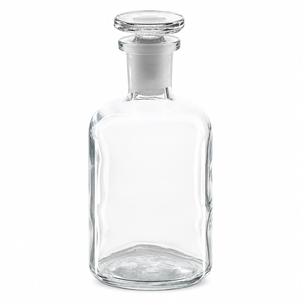 Rundskuldrad flaska 100 ml, klar, med glaspropp, smal hals, genomskinligt laboratorieglas