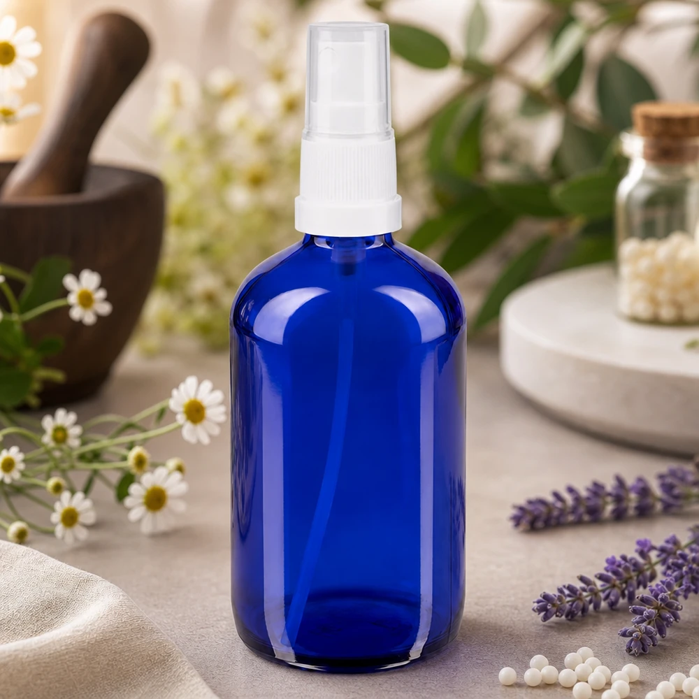 Apoteksflaska blå 100ml spray topp vit Blå 100 ml sprayflaska av UV-skyddande glas med vit pump för eteriska oljor och hydrolater