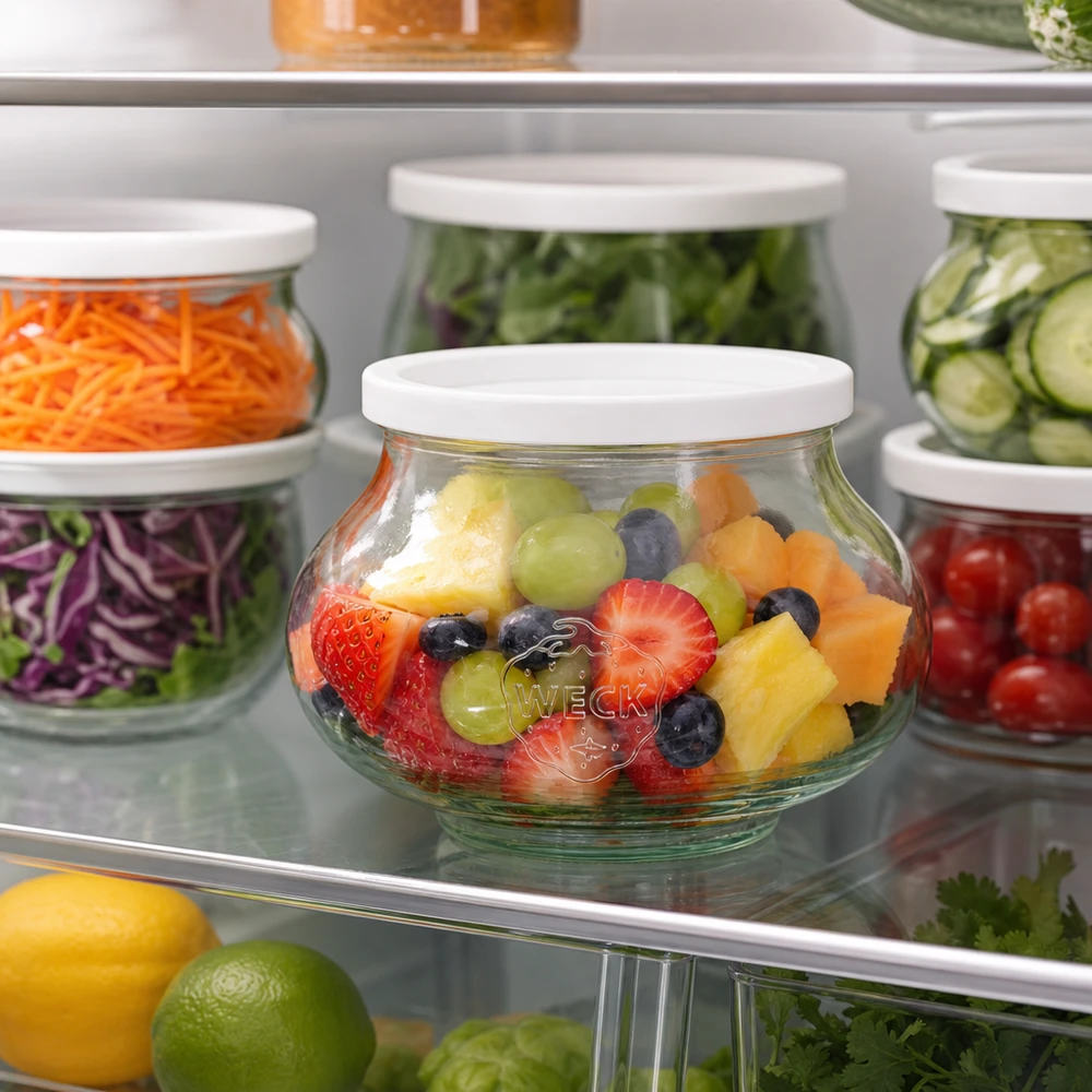 WECK dekorativ burk 560ml RR80 med fruktsallad i kylen bredvid andra förvaringsburkar med grönsaker och sallad