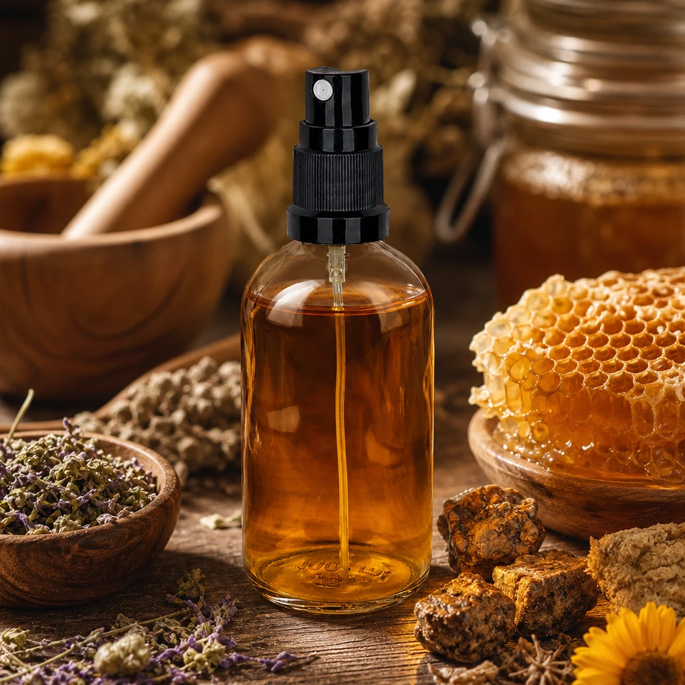 Propolis-spray, 100 ml, genomskinlig glasflaska med svart pumpfördelare, bredvid bikakor och honung
