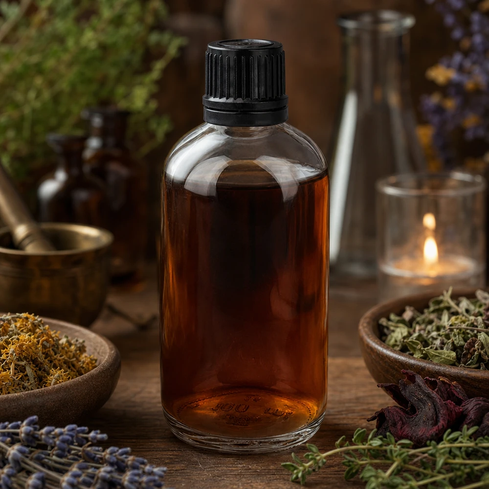 Brun örtintur i en 100 ml glasflaska omgiven av torkade medicinalväxter och lavendel