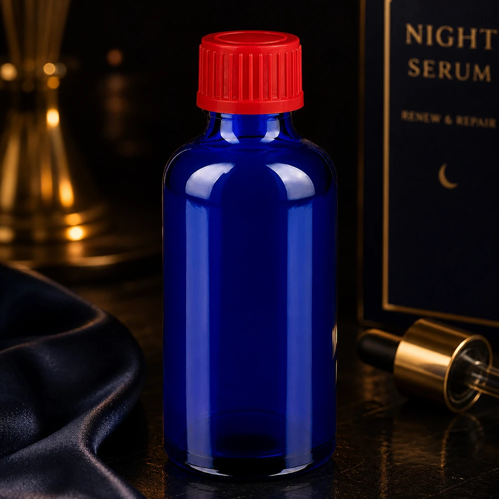 Kompakt 50 ml glasflaska BlueLine UT18/50 med praktiskt 11 mm skruvlock i signalrött