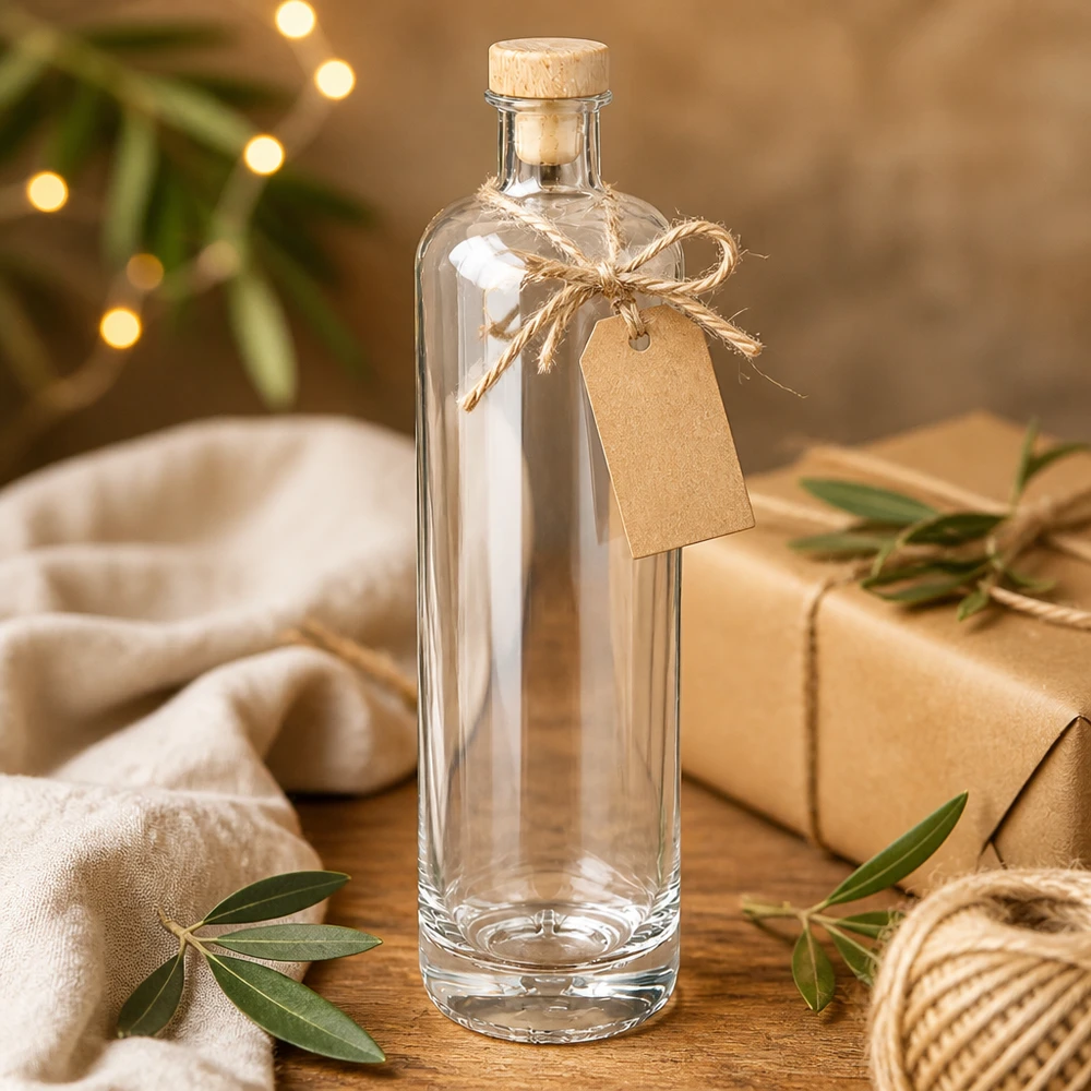700 ml glasflaska Ella med kork med trähandtag UNiTWIST® 700 ml glasflaska Ella tom med träkork och presentetikett i festlig juldekoration med ljusslingor