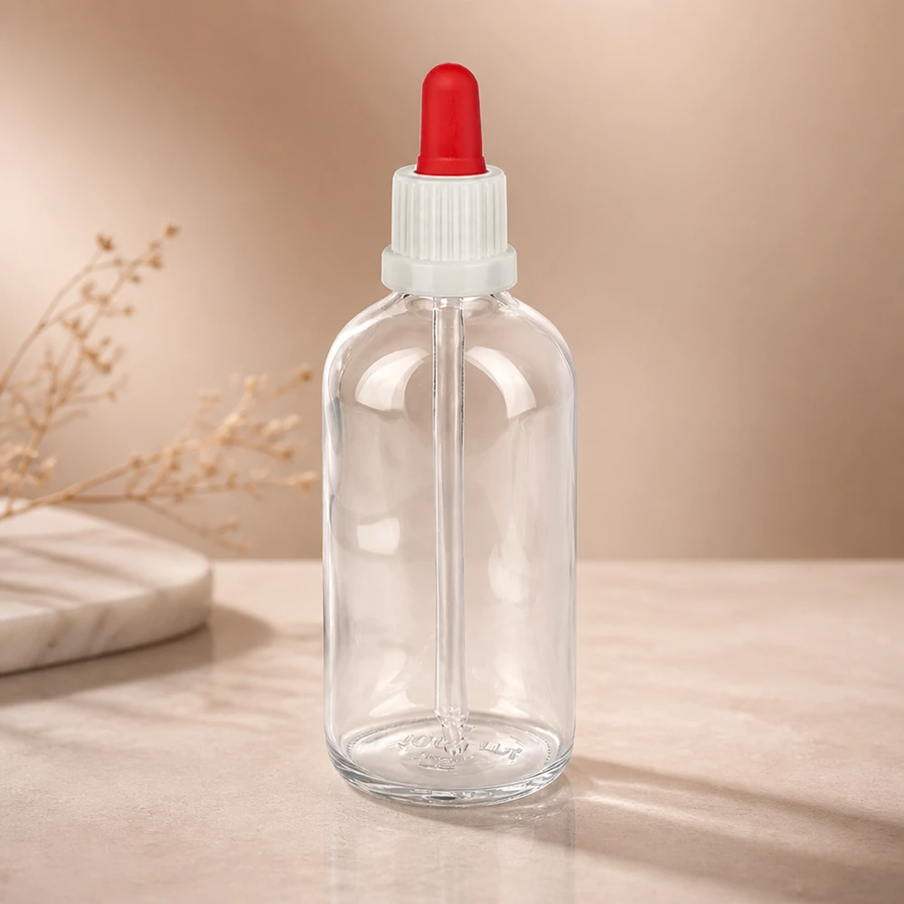 100 ml pipettflaska vit/röd med säkerhetsförslutning ClearLine UT18/100 ClearLine droppflaska 100 ml, klart glas med röd gummikula och långt pipettrör i glas, UT18