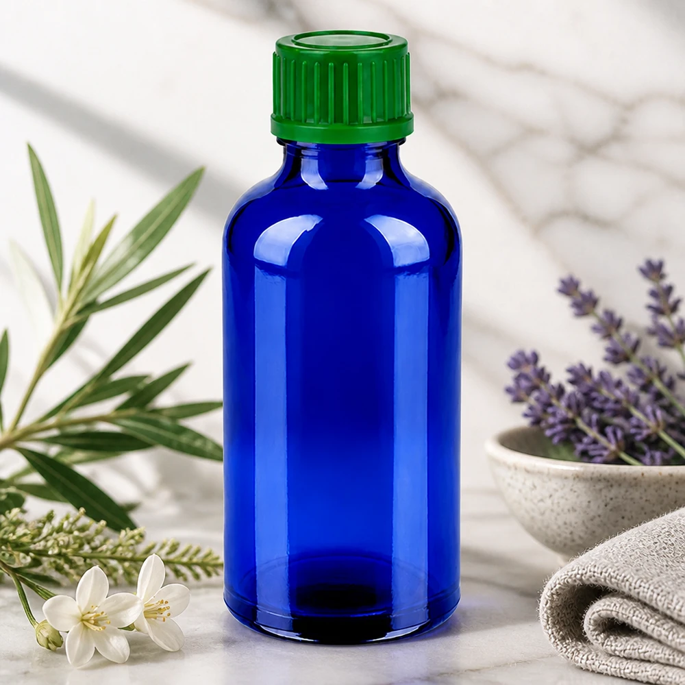 50ml flaska 11mm skruvkork grön standard BlueLine UT18/50 50 ml skruvlocksflaska med 11 mm öppning i blått glas för exakt dosering av eteriska oljor