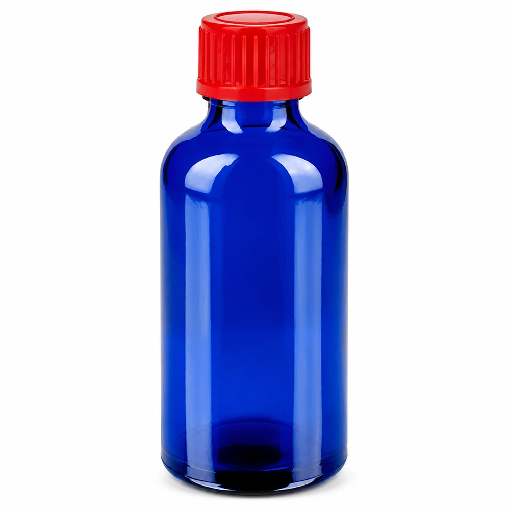 50ml flaska 11mm skruvkork röd standard BlueLine UT18/50 50ml blå glasflaska med röd skruvkork 11mm SV BlueLine UT18/50