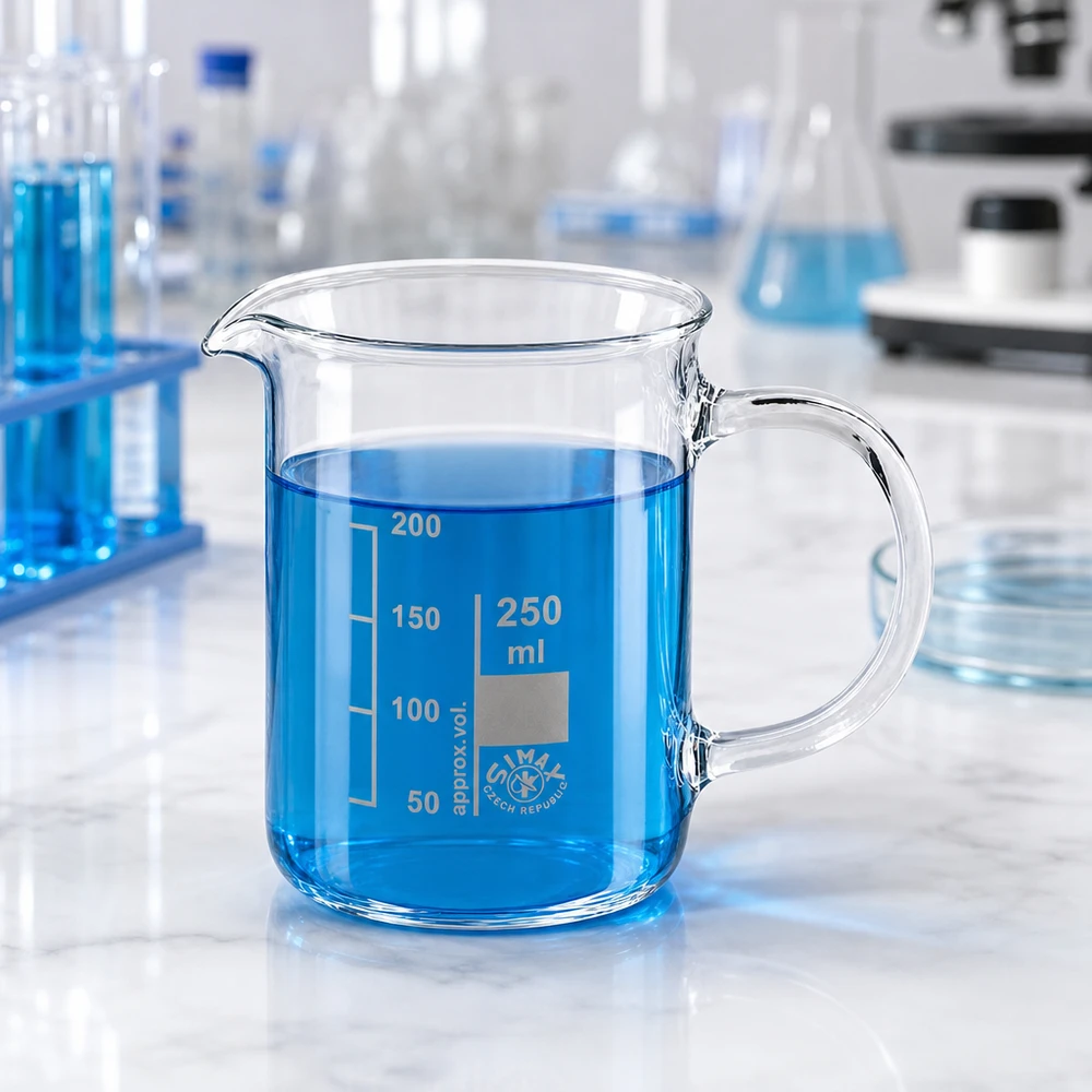 Bägare 250ml borosilikatglas, med handtag Ett 250 ml-bägarglas med handtag, fyllt med blå vätska, på ett marmorbord i ett laboratorium