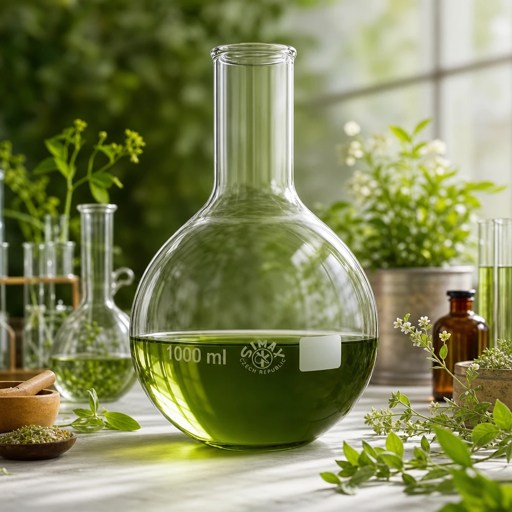 Stående kolv 1000ml smal hals Stående kolv 1000 ml med smal hals och grön lösning omgiven av naturliga växter och örter