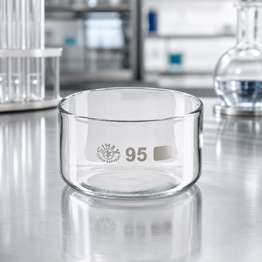 Kristalliseringsskål 300 ml Simax borosilikatglas, bordsmodell i rostfritt stål, laboratorieutförande, rund form, platt botten