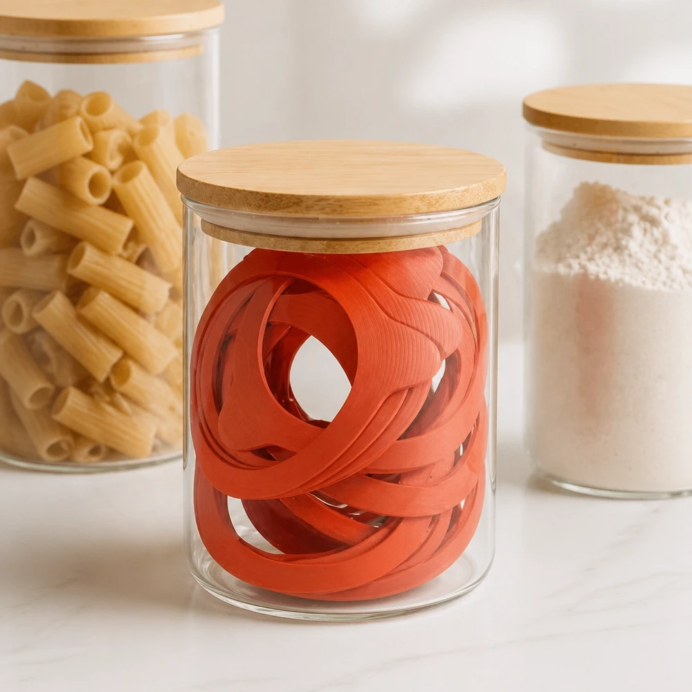 Tätningsring av naturgummi RR80 Orangefarbene Einkochringe RR80 in stylischem Glasvorratsgefäß mit Holzdeckel neben Pasta und Mehl in moderner Küche