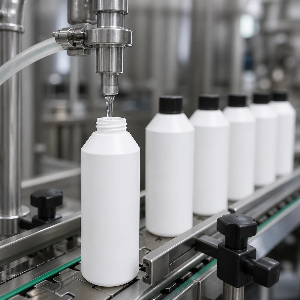 Apoteksflaska HDPE 250ml vit, med svart skruvlock Automatisk påfyllning av vita HDPE-apotekflaskor på 250 ml med svart skruvlock på transportbandet