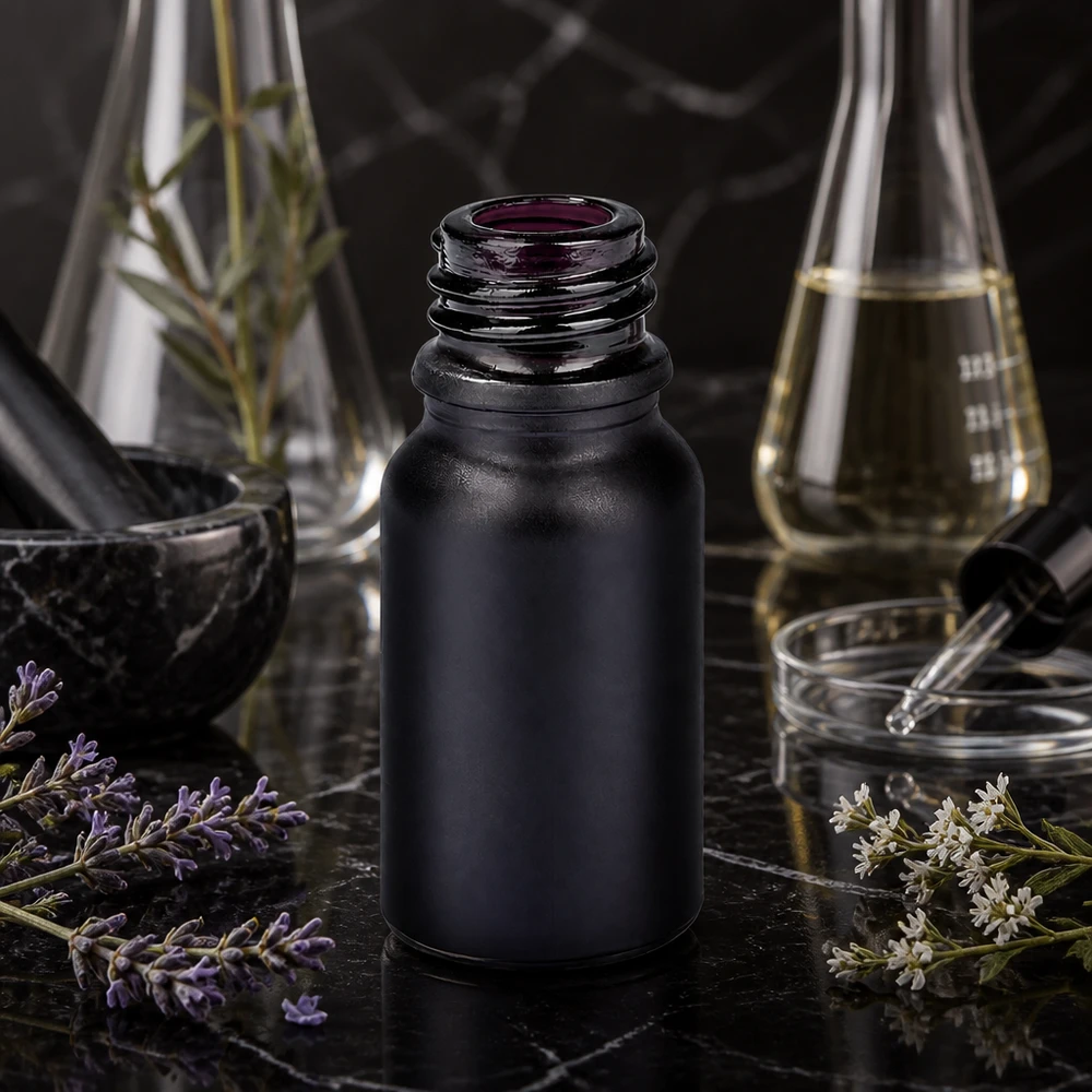 Elegant 10 ml apoteksflaska BlackLine UT18/10 UNiTWIST med svart beläggning för laboratoriemiljö