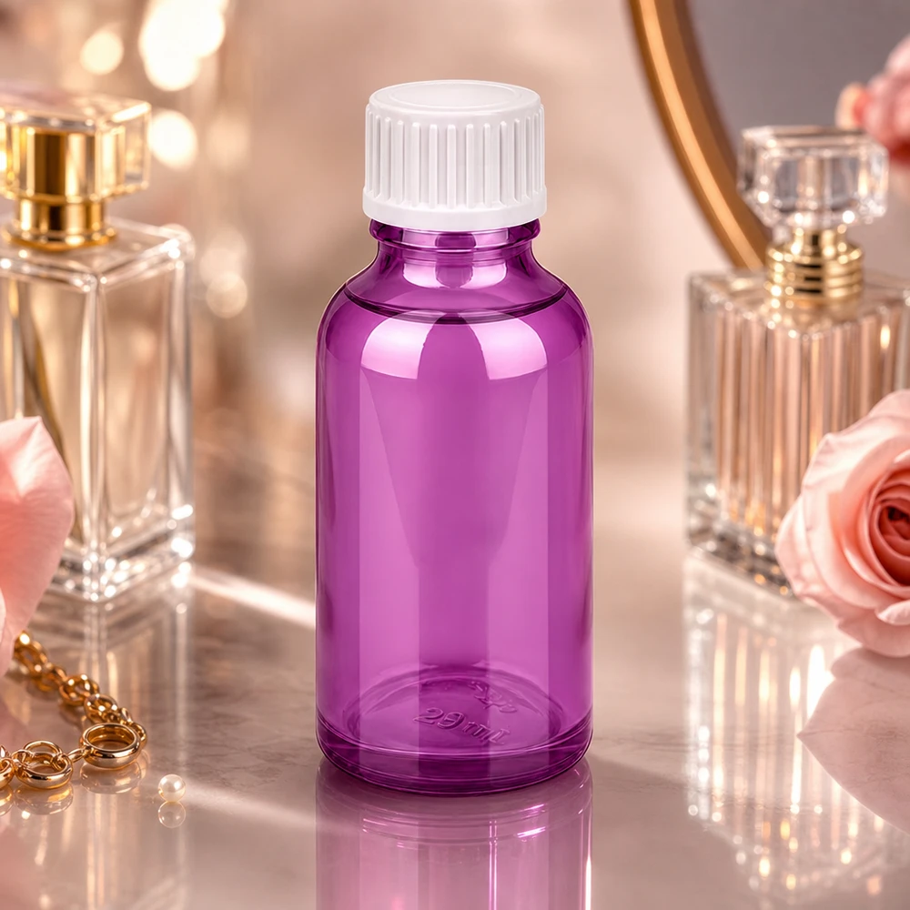 30 ml flaska (glob). 3 mm hällring vit Standard PurpleLine. UT18/30 Elegant 30 ml violett glasflaska med räfflat lock för parfym och essenser
