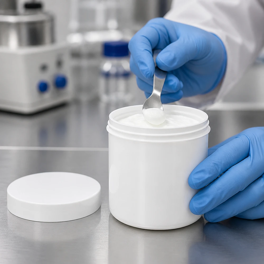 Salvburk 200g vit med vitt skruvlock (polypropylen) Vit 200 g salvorburk av polypropen med skruvlock i en farmaceutisk laboratoriemiljö