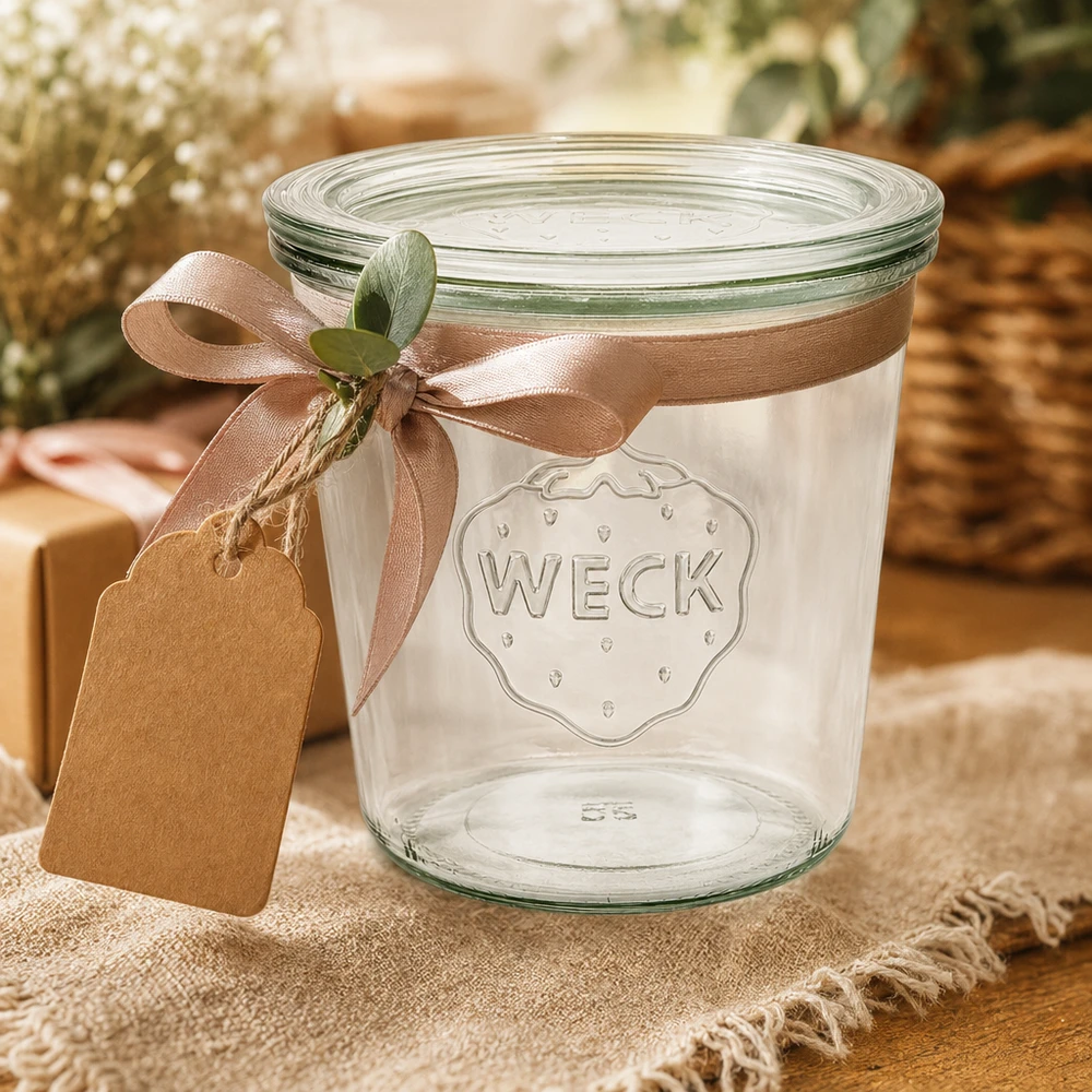 WECK tumlare 580ml RR100 dekorerad med en brun rosett och presentlapp som en presentförpackning