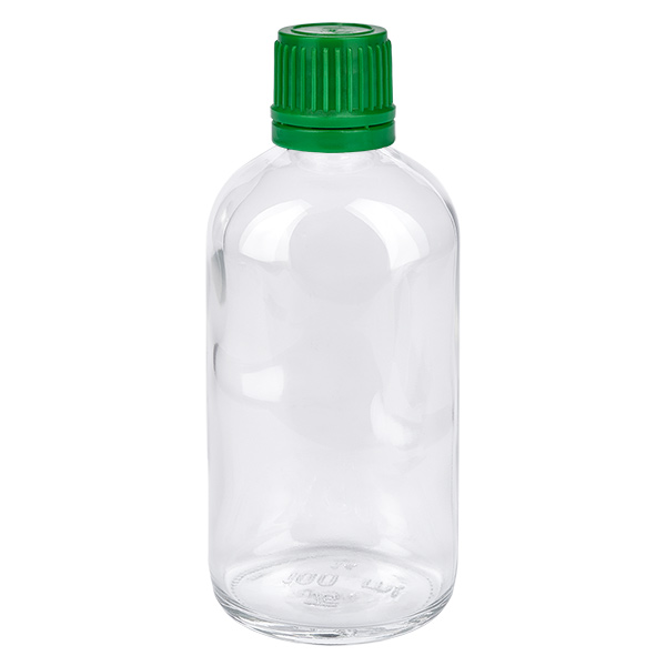 100ml flaska 11mm skruvkork grönt manipulationsskyddat lock ClearLine UT18/100 100 ml flaska i klart glas med grönt skruvlock, 11 mm, ClearLine-laboratorieflaska UT18
