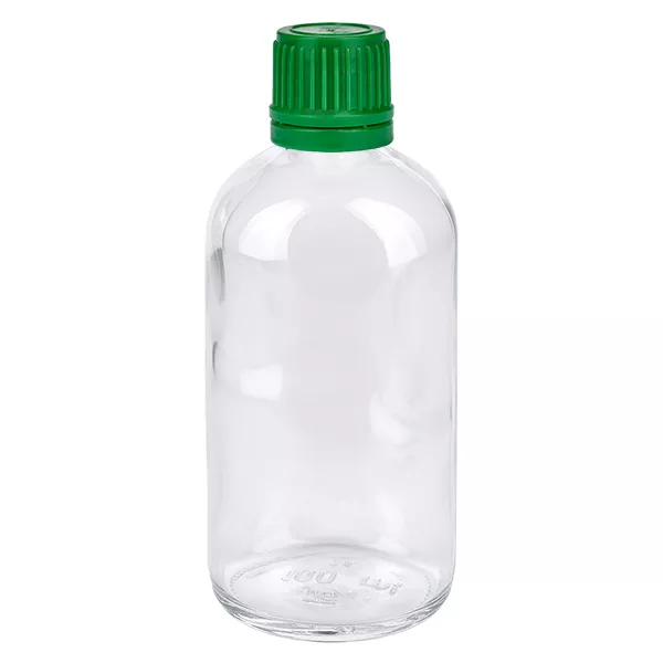 100ml flaska 11mm skruvkork grönt manipulationsskyddat lock ClearLine UT18/100 100 ml flaska i klart glas med grönt skruvlock, 11 mm, ClearLine-laboratorieflaska UT18