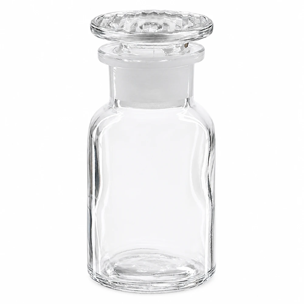 Tom glasflaska på 100 ml med vid hals och glaspropp för kemiska reagenser