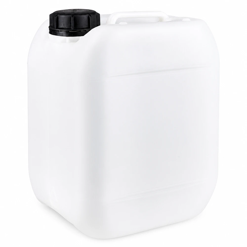 Dunk 5 liter med skruvkork med sabotageskydd Vit 5-liters plastdunk med svart skruvlock och bärhandtag