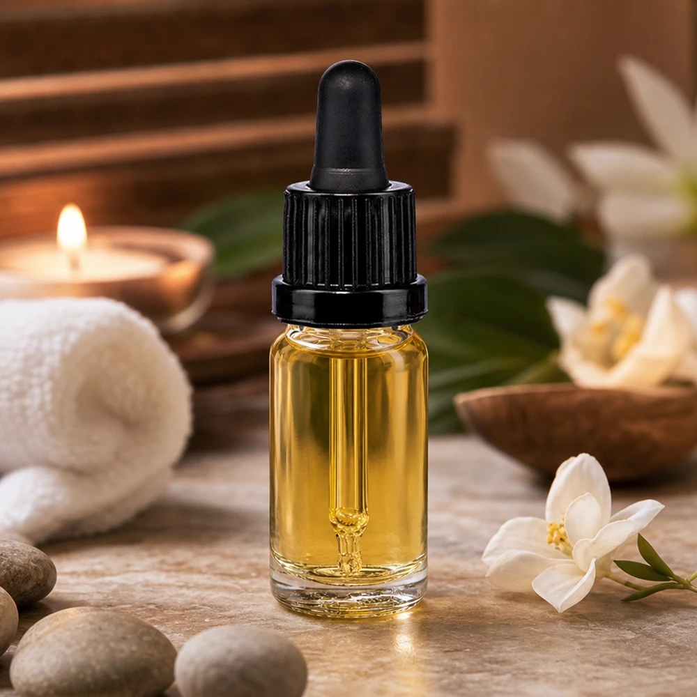 10 ml pipettflaska svart med säkerhetsförslutning ClearLine UT18/10 10 ml glasflaska med svart pipettlock och guldfärgat olja på natursten med vita blommor