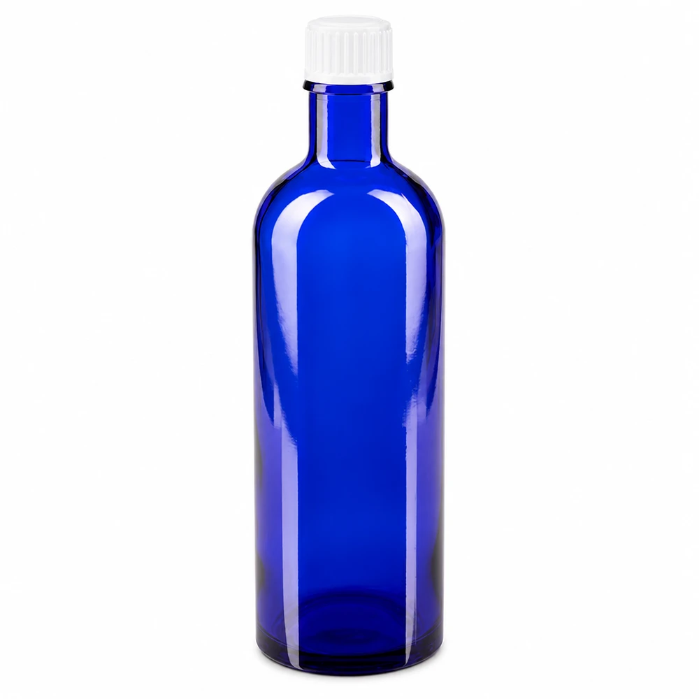 Apoteksflaska blå 200ml skruvkork vit standard Blå apoteksflaska i glas, 200 ml, med vitt skruvlock
