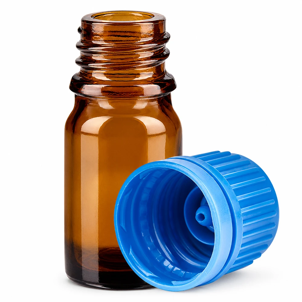5 ml bärnstensfärgad glasflaska med blått skruvlock för laboratorieapplikationer och provförvaring