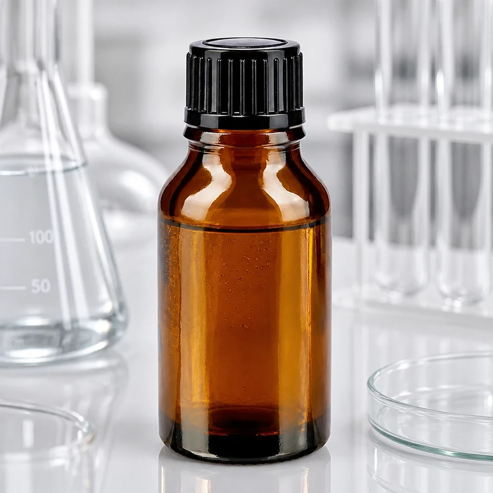 Apoteksflaska brun 30ml skruvlock svart standard 30 ml brun glasflaska med svart skruvlock i en professionell laboratoriemiljö