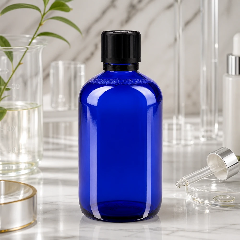 Blå glasflaska på 100 ml med originalförslutning och barnsäkerhetslås för eteriska oljor