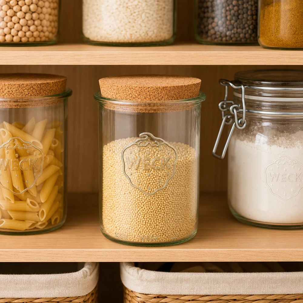 1000ml Krossade glasögon WECK RR100 med naturkork WECK Sturzglas RR100 1000ml mit Korkdeckel in organisierter Vorratsküche Pantry mit Getreide Pasta und Mehl