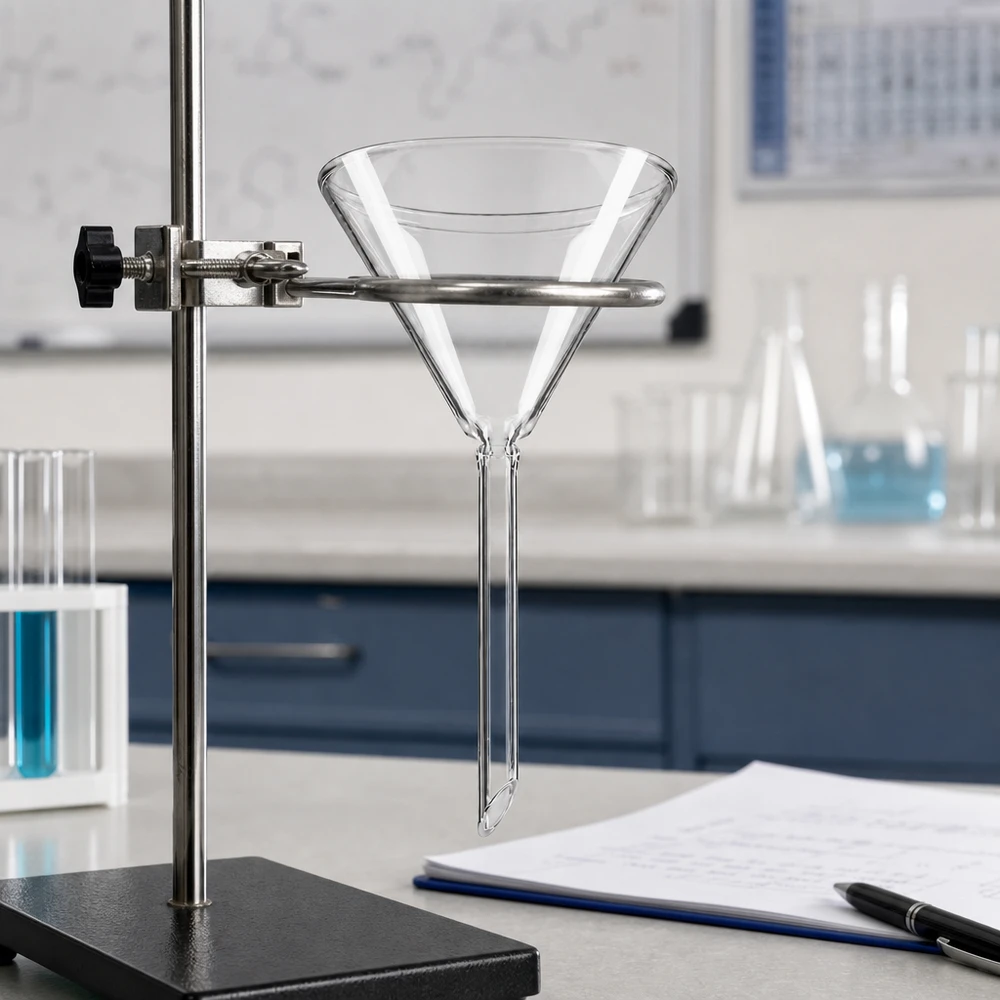 Precisionstratt i glas med 70 mm öppning och kort handtag för exakt dosering i laboratorier och kemi
