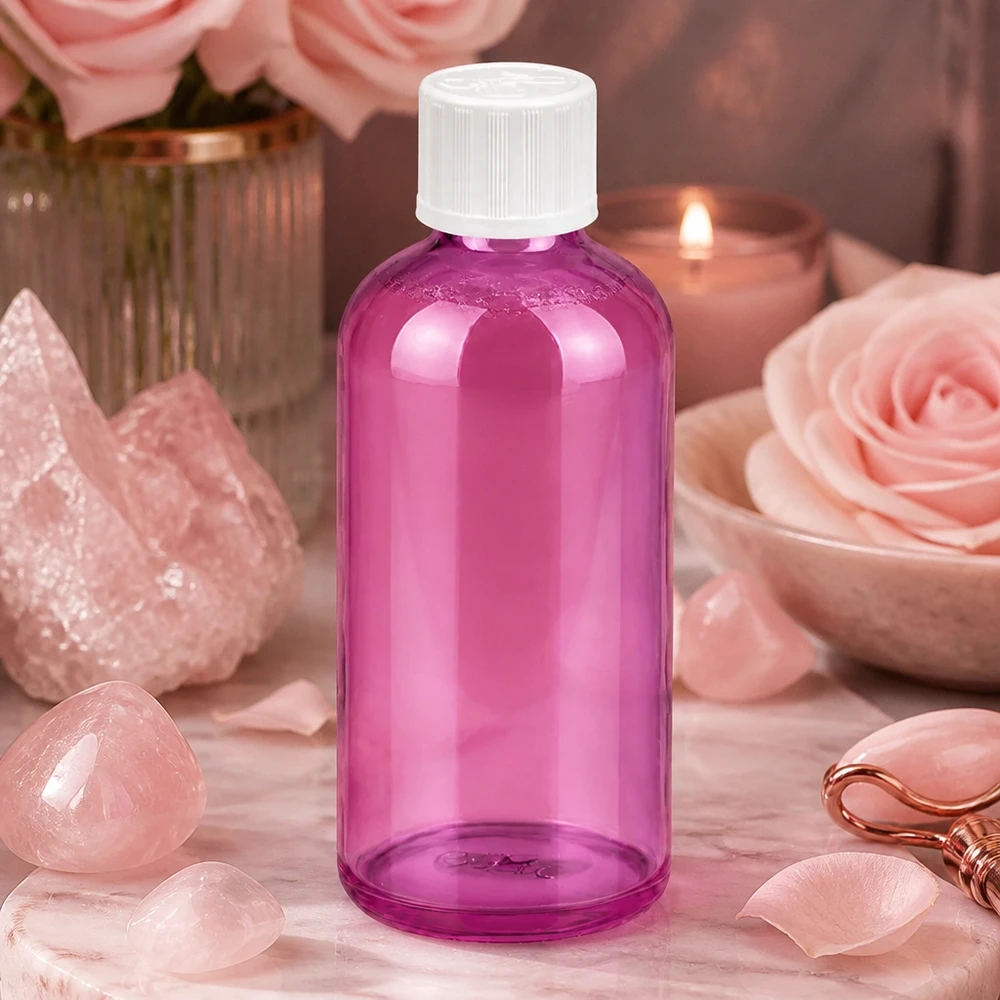100 ml droppflaska 1,2 mm vit standard barnsäker PurpleLine. UT18/100 Lila glasflaska 100 ml med exakt 1,2 mm droppare för aromaterapitillämpningar