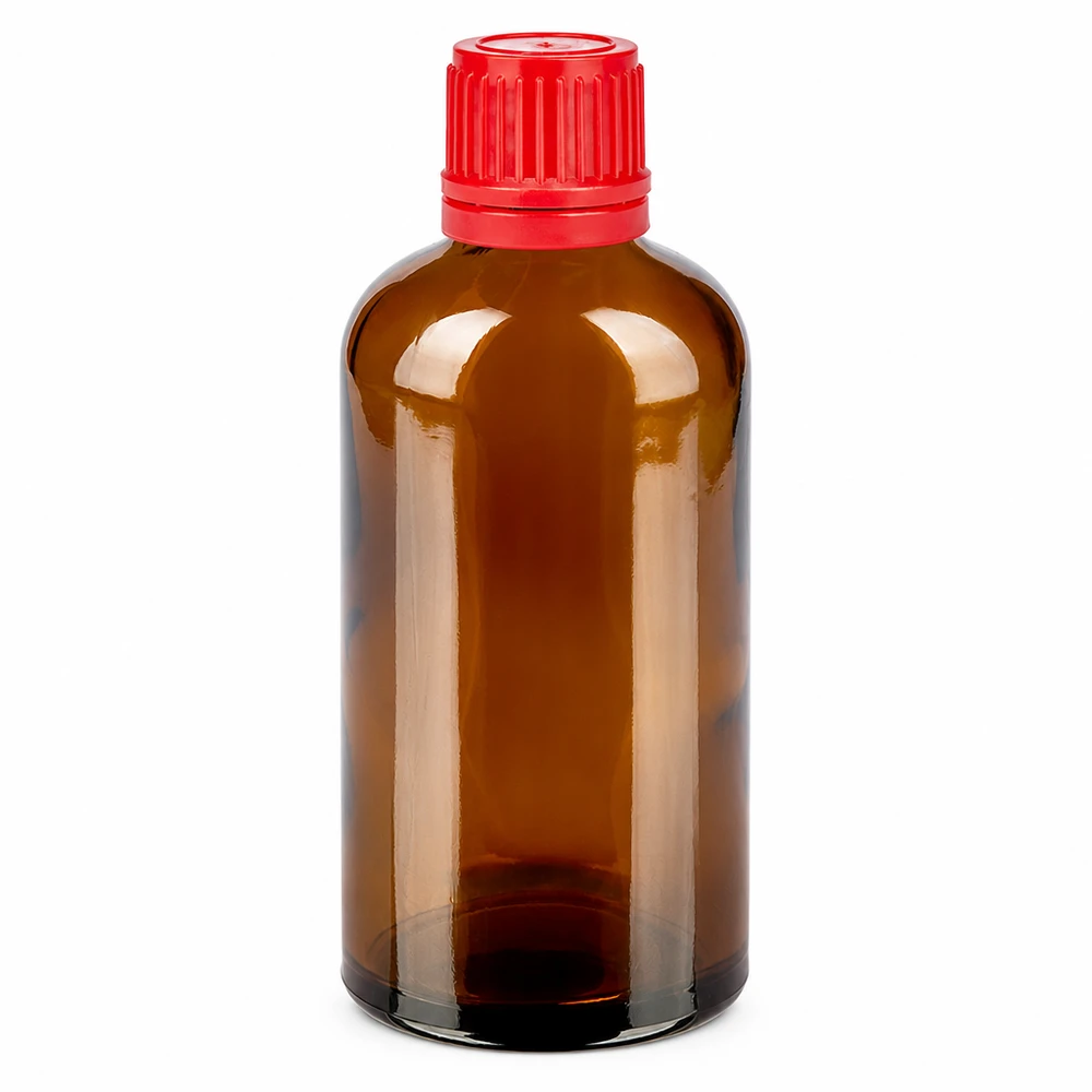 100 ml bärnstensfärgad glasflaska med rött lock - apotekskvalitet för säker förvaring