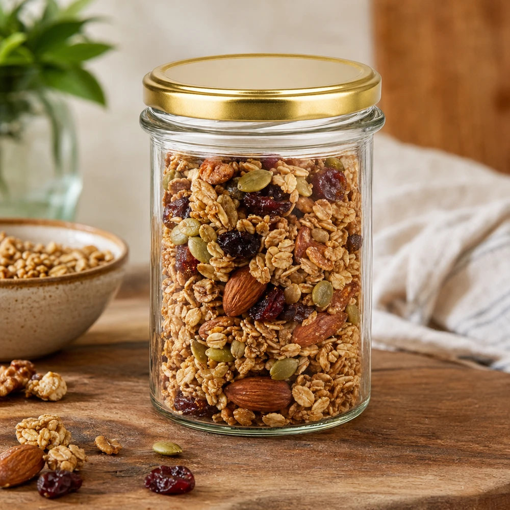 Glas 230 ml med lock BasicSeal guld UNiTWIST 230 ml BasicSeal-burk med guldlock fylld med müsli, nötter och torkad frukt för förvaring på ett träbord
