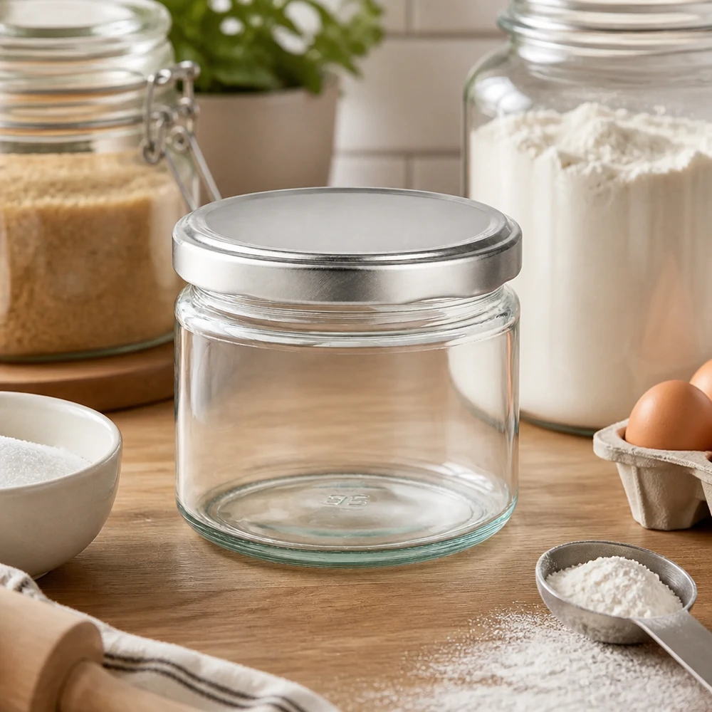 330ml rund burk med BasicSeal-lock silver UNiTWIST 330 ml rund burk med BasicSeal-lock tömd mellan bakingredienser på träbord Konserveringsburk för kök och bakning