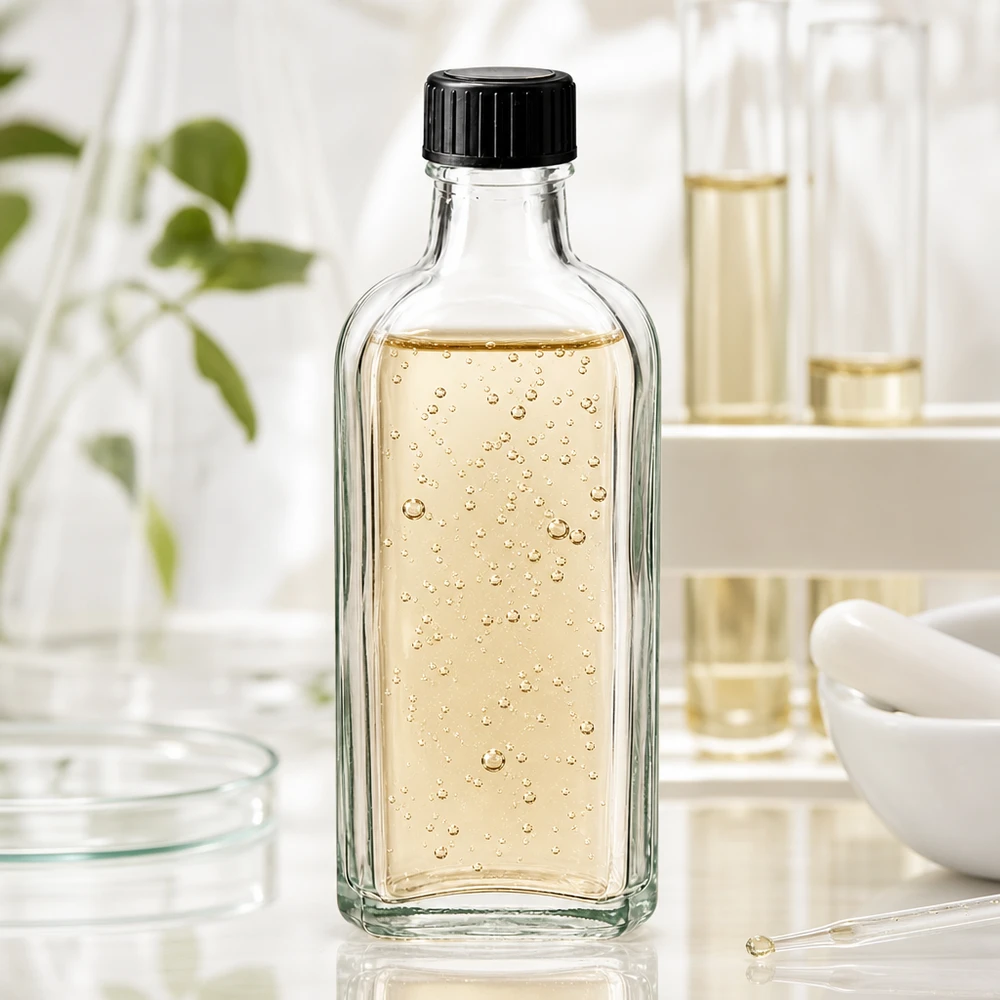 Rektangulär, klar Meplat-glasflaska på 100 ml med serum som innehåller små bubblor och svart skruvlock