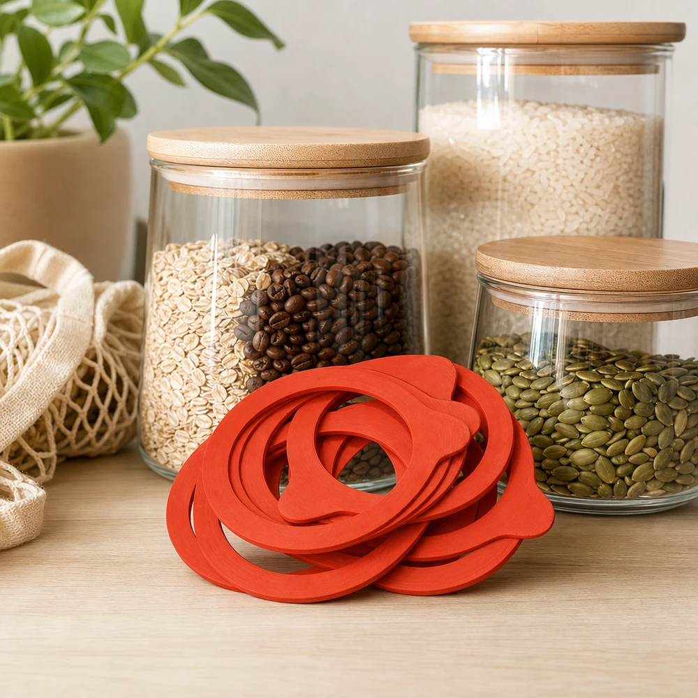 Tätningsring av naturgummi RR80 Einkochring RR80 Naturgummi rot in moderner Vorratsküche mit Vorratsgläsern Reis Kaffee Samen Mesh-Beutel