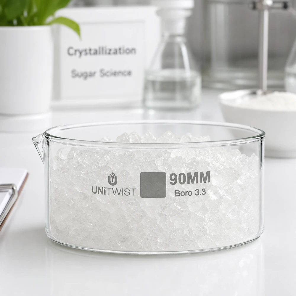 Kristallisationskärl ø90 mm, borosilikatglas UNiTWIST Kristalliseringsskål 90 mm UNiTWIST med vita sockerkristaller, borosilikatglas, laboratorieanvändning