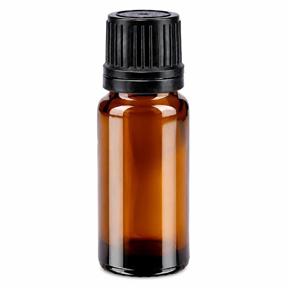 Apoteksflaska brun 10ml dropplock hällring 1mm svart manipuleringssäkert lock 10 ml brun glasflaska med svart OV-lock och 1 mm droppinsats av apoteksglas