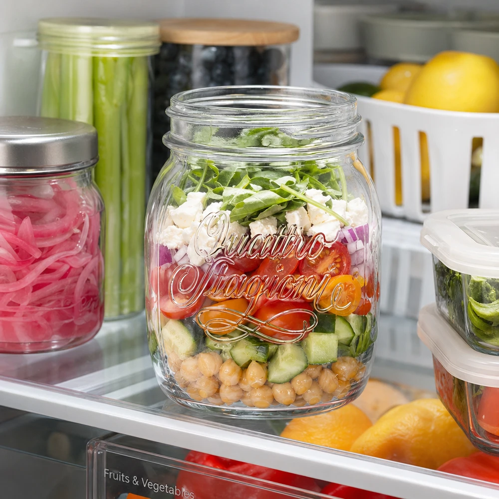 700ml runt glas "Quattro Stagioni" QS86mm Quattro Stagioni 700ml Haushaltsglas mit Schichtsalat im Kühlschrank - praktische Glasaufbewahrung für Meal Prep und Vor