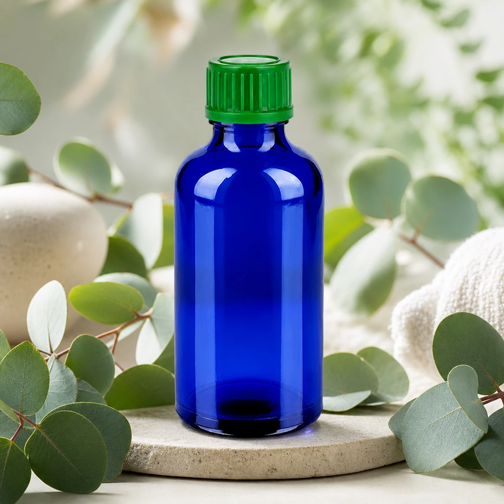 50ml flaska 11mm skruvkork grön standard BlueLine UT18/50 Högkvalitativ 50 ml koboltglasflaska med grönt lock för professionella kosmetiska produkter