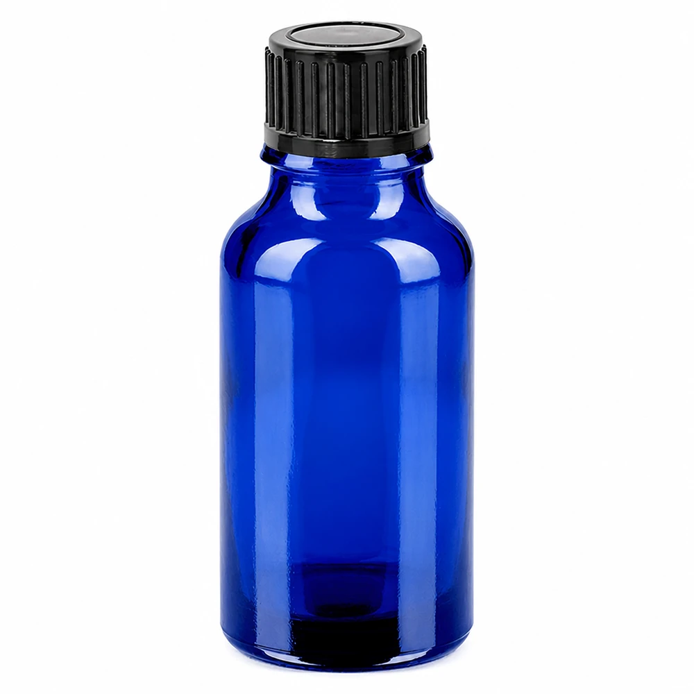 20ml flaska 11mm skruvkork svart standard BlueLine UT18/20 Blå glasflaska 20ml med svart skruvlock SV 11mm för eteriska oljor och kosmetika