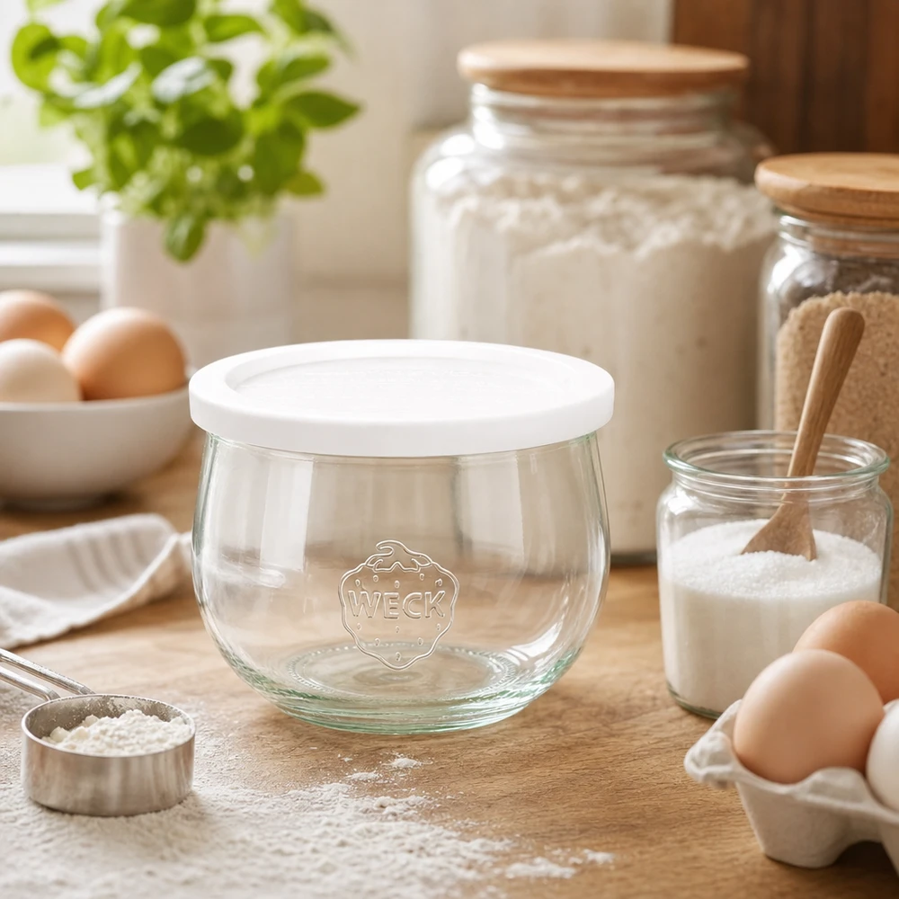 WECK tulpanburk 580ml RR100 tom med färskhetslock i bakningskök omgiven av mjöl, ägg och bakingredienser