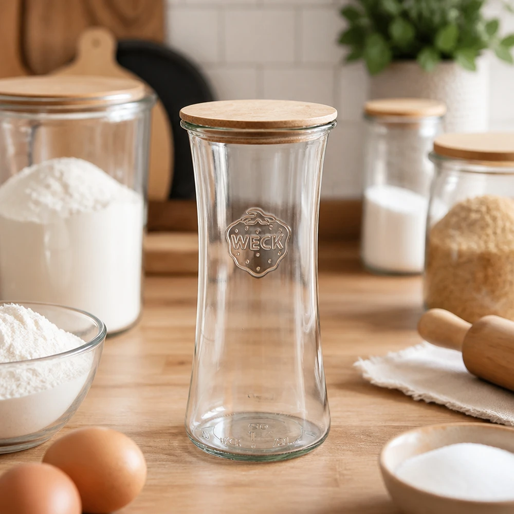 700 ml delikatessburk WECK RR80 med trälock WECK delikatessburk 700ml RR80 tom med bambulock i kök omgiven av bakingredienser mjöl ägg förvaringsburkar