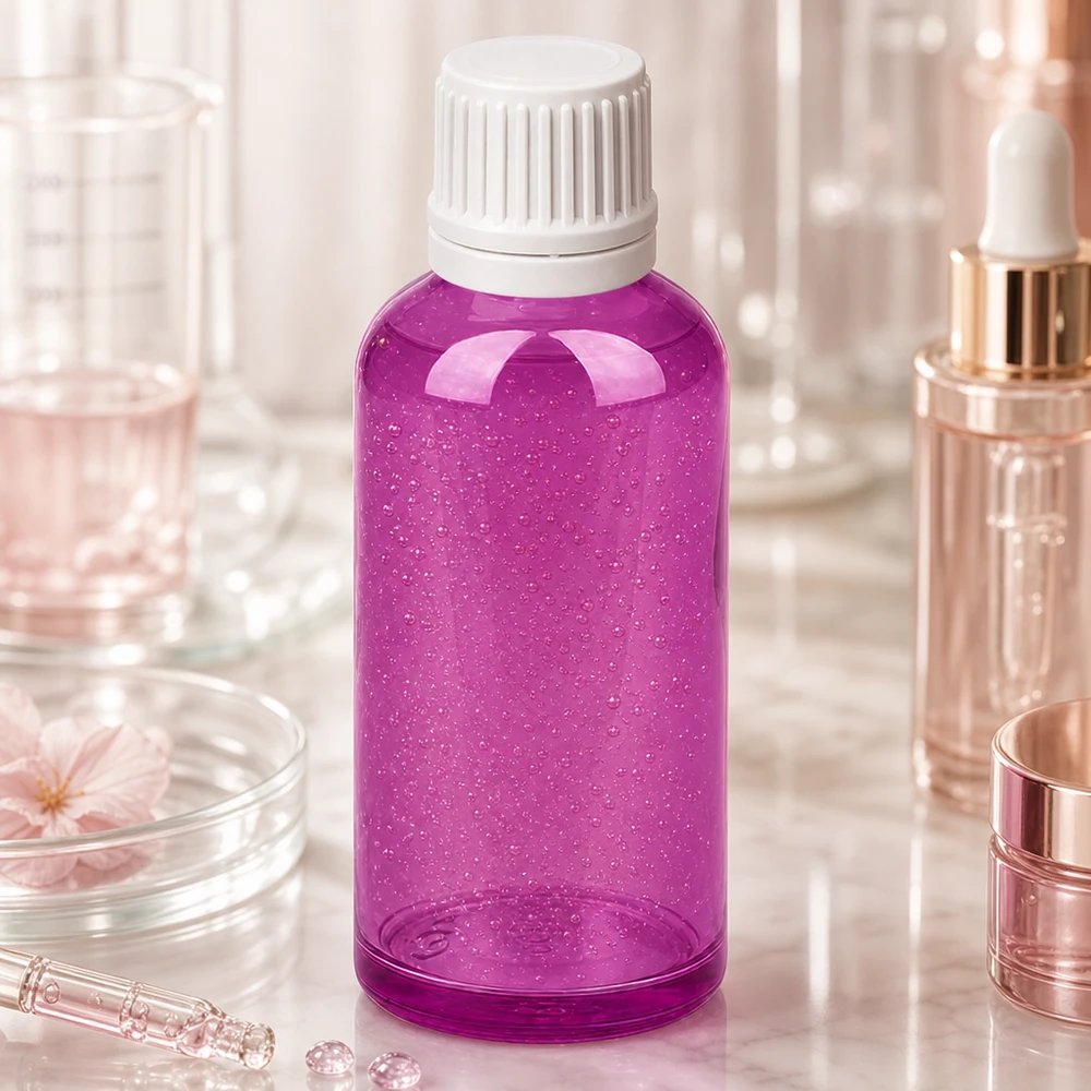 Lila transparent plastflaska 50 ml med exakt 0,7 mm droppöppning för laboratorieapplikationer